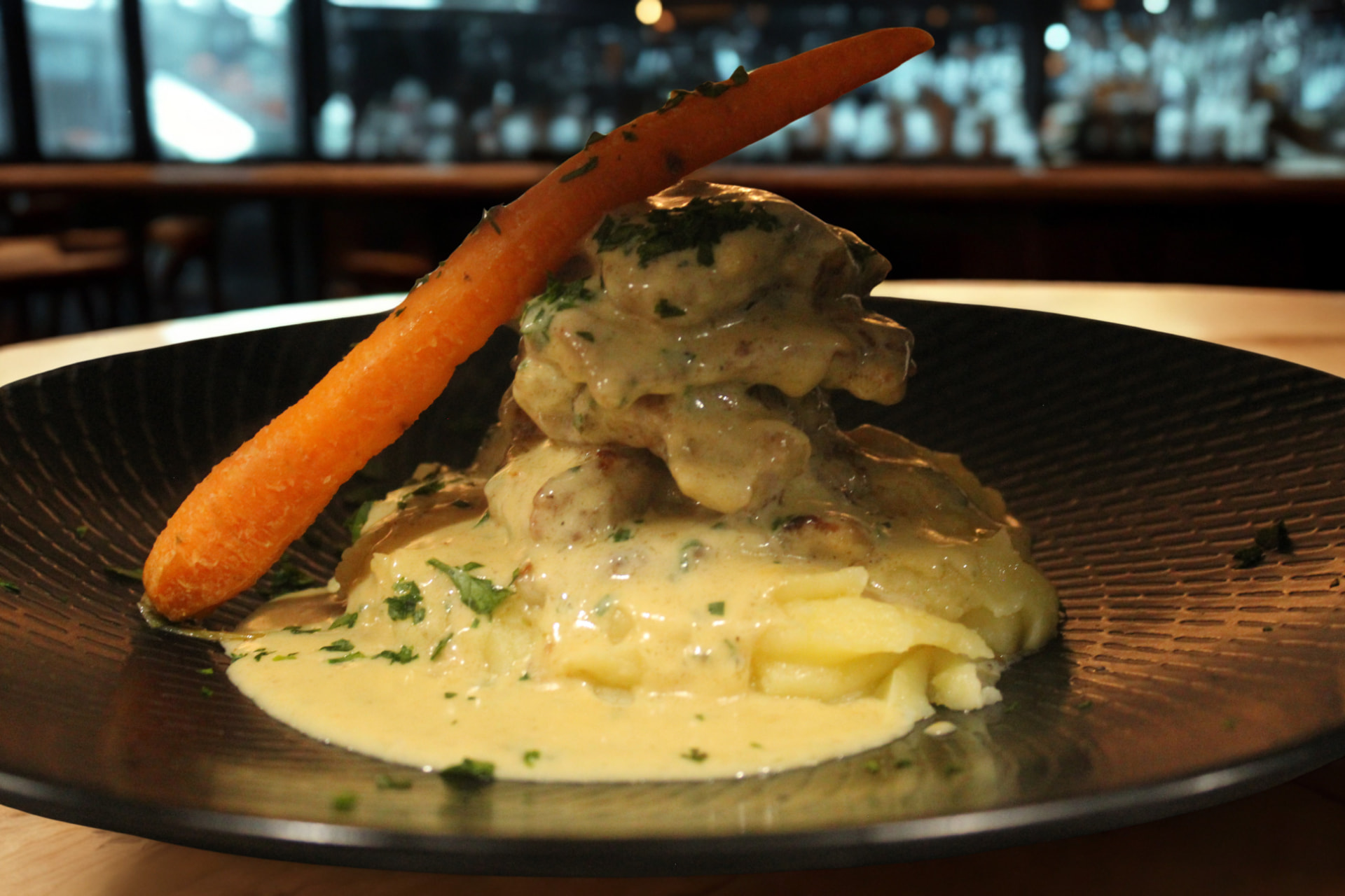Slow-cooked main with mash and gravy