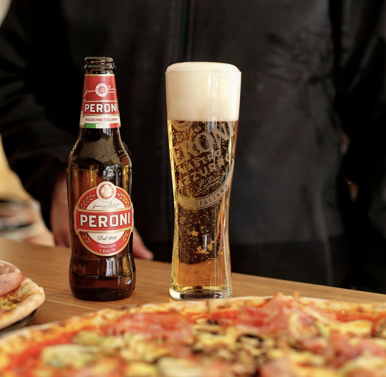Peroni beer and pizza